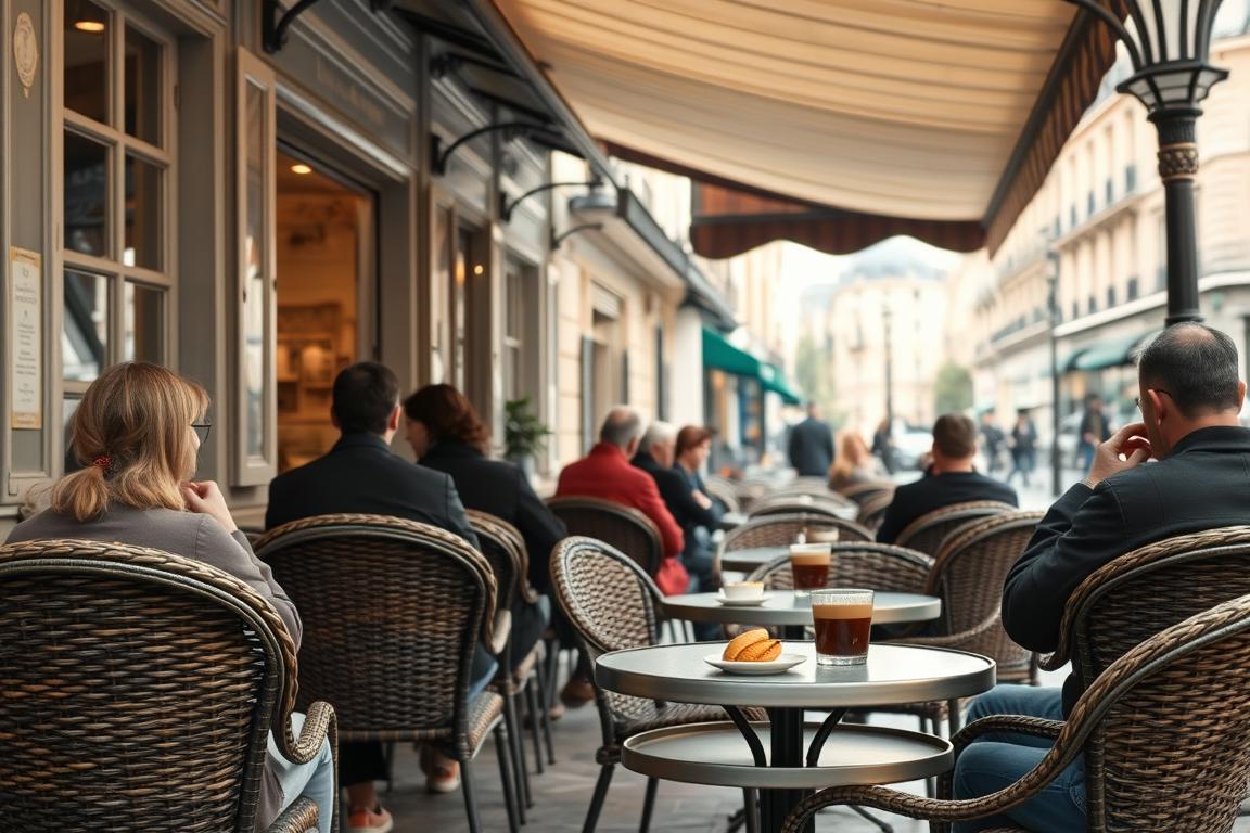 Traditional Parisian café with locals enjoying coffee and pastries at outdoor tables