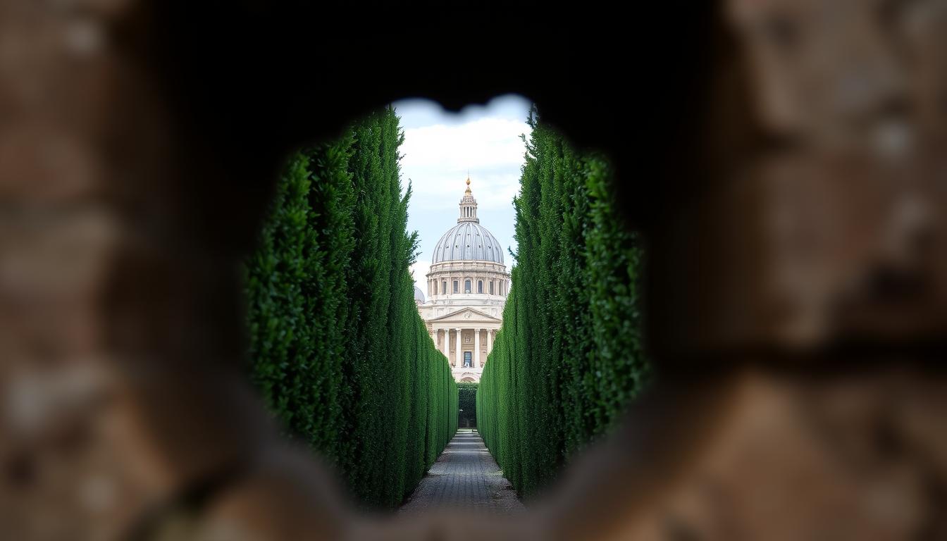 View through the Knights of Malta Keyhole on Aventine Hill, showing St. Peter's Basilica perfectly framed by a garden hedge tunnel
