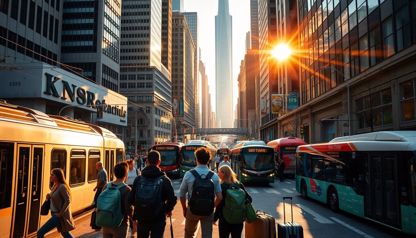 A bustling city street with a diverse array of public transportation modes - sleek subway trains, colorful buses, and eco-friendly rideshares. The scene is illuminated by warm, golden sunlight filtering through towering skyscrapers, casting long shadows across the pavement. Pedestrians navigate the lively intersection, weaving between the various modes of transit. In the foreground, a group of travelers with backpacks and luggage stand at a bus stop, ready to embark on their budget-friendly adventures. The overall atmosphere conveys a sense of efficiency, convenience, and the vibrant energy of an urban environment accessible to all.