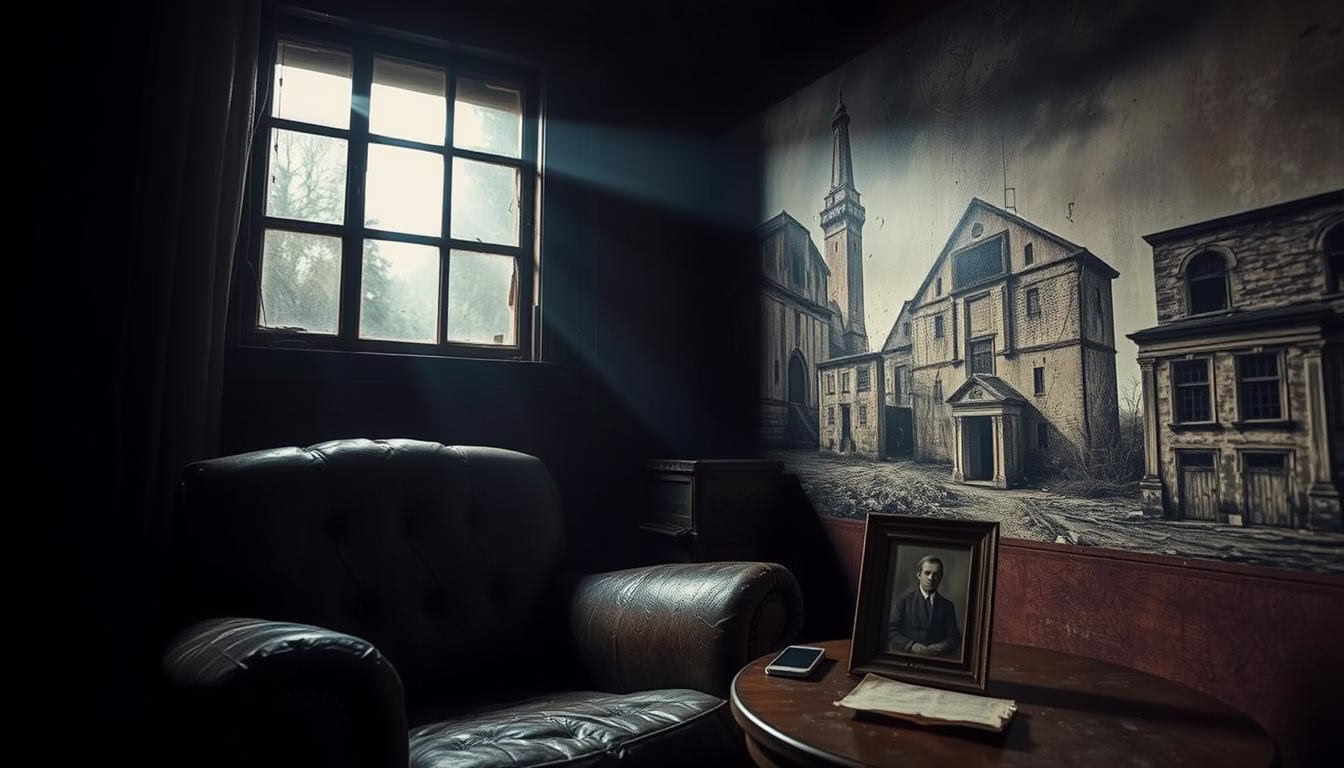 A dimly lit room, cast in shadows, with a single beam of light piercing through a grimy window. In the foreground, a worn leather armchair sits, its tattered upholstery hinting at a haunting past. On a nearby table, an old photograph, its edges crumbling, depicts a somber figure from a bygone era. The walls are adorned with faded, sepia-toned images of abandoned structures, their desolate facades evoking a sense of melancholy and the fragility of human existence. The atmosphere is heavy, tinged with a sense of unease, as if the very air is weighted with the echoes of the past. A wide-angle lens captures this scene, inviting the viewer to explore the psychological underpinnings of dark tourism.