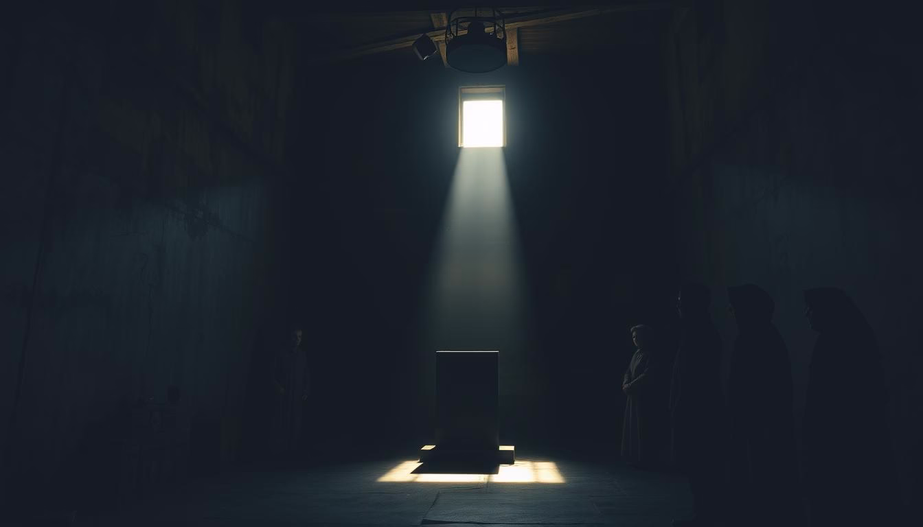 A dimly lit room, shadows cast across weathered walls, a single shaft of light cutting through the gloom. In the center, a podium stands, a solemn reminder of the weight of ethical decisions in dark tourism. Surrounding it, spectral figures in muted tones, their expressions pensive, contemplating the delicate balance between remembrance and exploitation. The air is heavy with the echoes of the past, a melancholic atmosphere that invites introspection. Dramatic, high-contrast lighting, a cinematic 35mm lens, and a low, wide-angle perspective capture the gravity of the scene, inviting the viewer to grapple with the complex considerations at the heart of dark tourism.