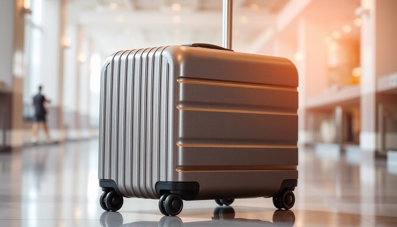 A meticulously designed carry-on suitcase sits in the center of the frame, its sleek and modern silhouette gleaming under soft, directional lighting. The luggage is crafted from durable, high-quality materials, with a subtly textured surface and streamlined, minimalist hardware. In the foreground, the suitcase's smooth-rolling wheels and retractable handle are clearly visible, hinting at the effortless maneuverability that would make it an ideal travel companion. The background is slightly blurred, suggesting an airy, serene environment, perhaps an airport terminal or hotel lobby, where the suitcase would seamlessly integrate into the surroundings, ready to embark on a stress-free journey.