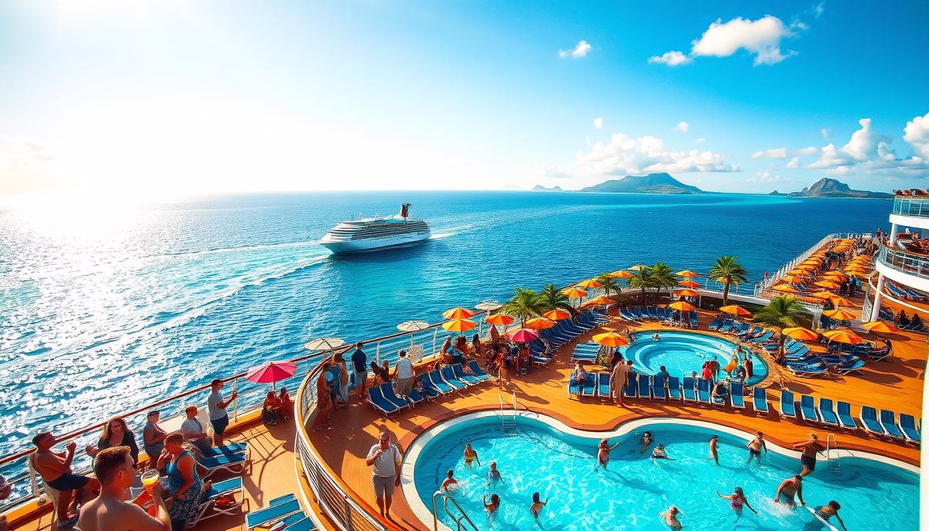 A serene Caribbean cruise ship gently sailing across azure waters, sun-dappled decks adorned with colorful umbrellas and lounge chairs. In the foreground, travelers sipping tropical cocktails and enjoying a warm ocean breeze. The middle ground features a bustling pool area with families and friends splashing and relaxing. In the background, lush tropical landscapes and distant islands shimmer on the horizon, promising exciting adventures to come. The scene is bathed in a soft, golden glow from the late afternoon sun, creating a tranquil, inviting atmosphere. Captured through a wide-angle lens to convey the expansive, luxurious scale of the cruise experience.