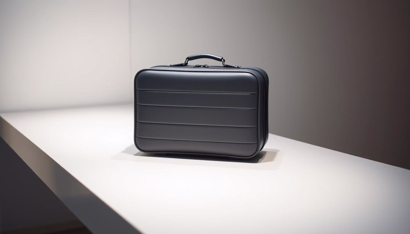 A sturdy, rectangular carry-on bag sits on a sleek, minimalist surface, illuminated by soft, diffused lighting from above. The luggage is in a neutral shade, perhaps charcoal gray or navy blue, with clean lines and a simple, functional design. The bag's dimensions are clearly visible, showcasing its compact size that complies with airline restrictions. The background is blurred, allowing the carry-on to be the focal point, emphasizing its portability and convenience for stress-free travel. The overall mood is one of practicality, efficiency, and a touch of modern elegance.