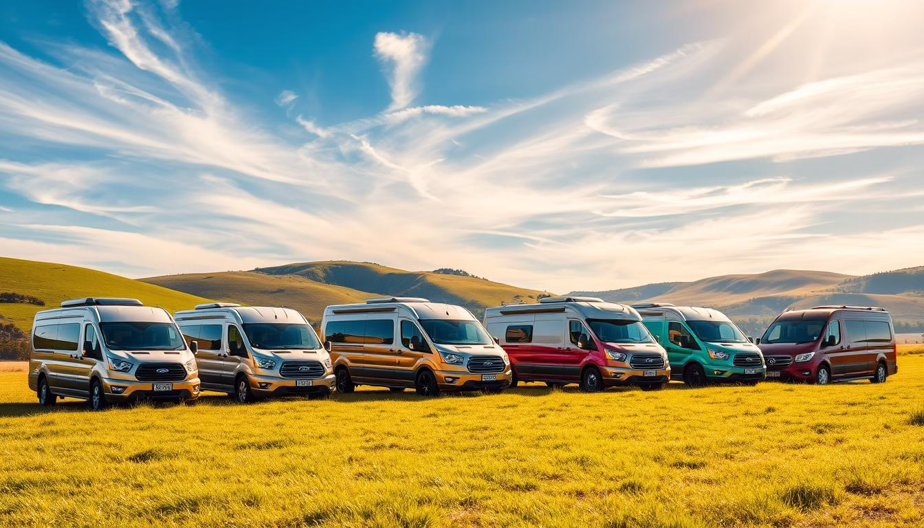 A sun-dappled grassy field, with a row of gleaming, colorful campervans parked in the foreground. Each vehicle is uniquely styled, from sleek modern designs to retro-inspired models, their exteriors shimmering with metallic hues. The campervans are surrounded by lush, rolling hills in the distance, with a clear blue sky overhead, illuminated by warm, golden sunlight filtering through wispy clouds. The scene conveys a sense of adventure, freedom, and the promise of epic road trips through the stunning landscapes of New Zealand.
