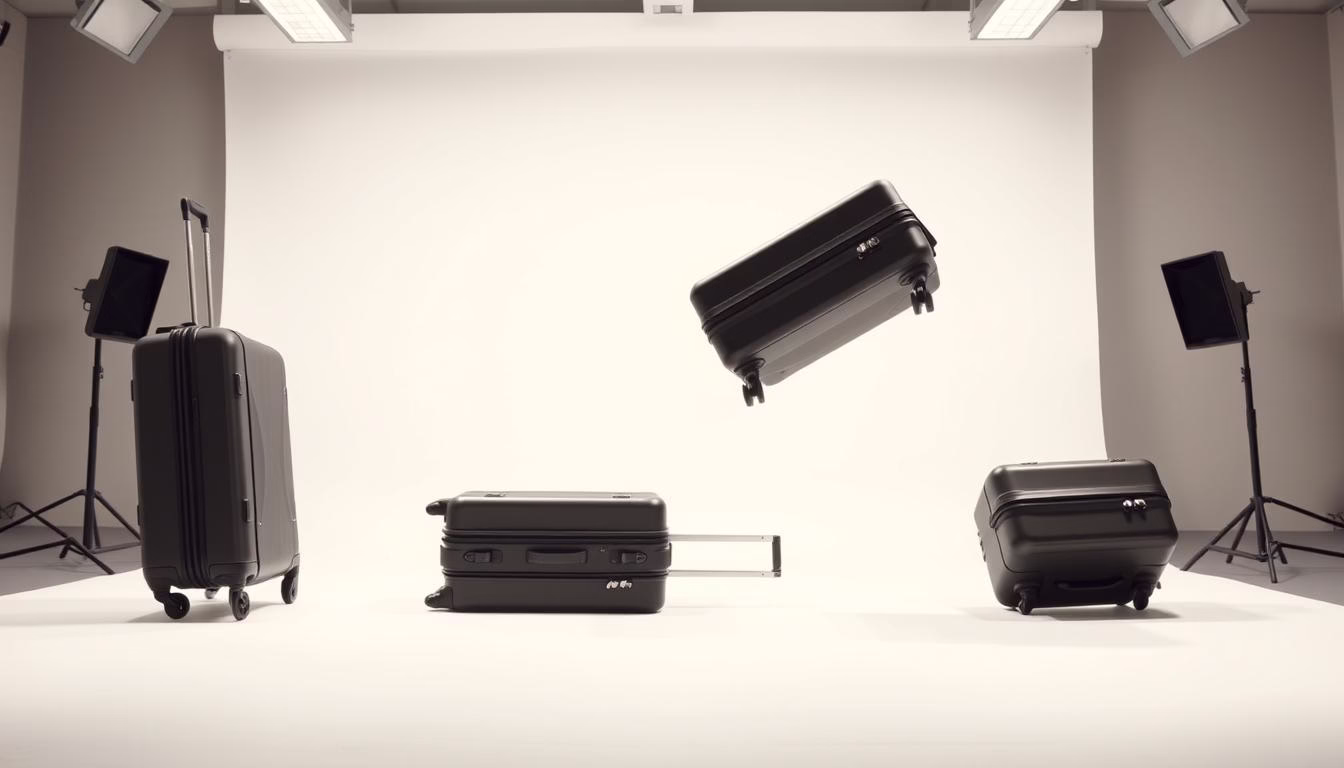 A well-lit studio setting with a white backdrop. In the foreground, a carry-on suitcase is being subjected to a series of stress tests - dropped from a height, rolled over uneven terrain, and pushed to its limits. The lighting is bright and evenly distributed, casting crisp shadows that highlight the details of the luggage's construction. The camera angle is slightly elevated, providing a clear view of the testing process. The overall mood is one of clinical precision and analytical focus, conveying the rigorous evaluation required to determine the best carry-on luggage. The background is clean and uncluttered, allowing the viewer's attention to remain firmly on the testing procedures.