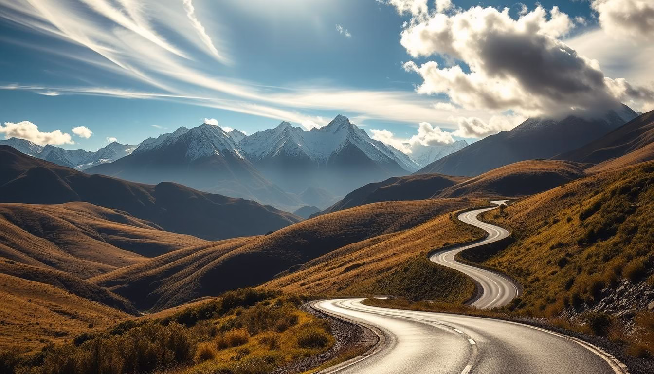 A winding, scenic road cutting through the breathtaking New Zealand landscape. In the foreground, a well-maintained tarmac snakes between rolling hills blanketed in lush, verdant vegetation. Towering, snow-capped peaks loom in the distant background, casting dramatic shadows across the scene. Warm, golden sunlight filters through wispy clouds, illuminating the panoramic vistas. The overall mood is one of serene tranquility, inviting the viewer to embark on an unforgettable journey through New Zealand's captivating roads and diverse natural wonders.
