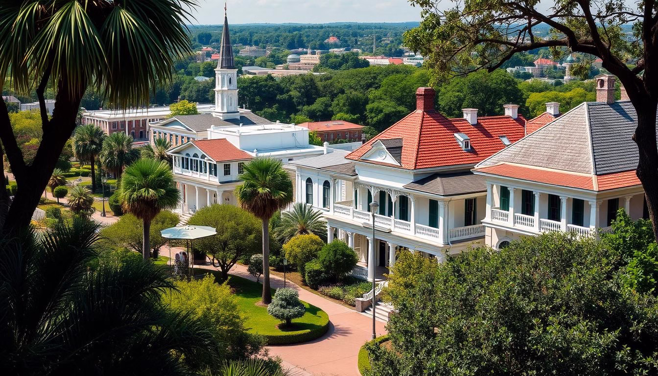 An image of a charming Southern cityscape with historic architecture and lush greenery.