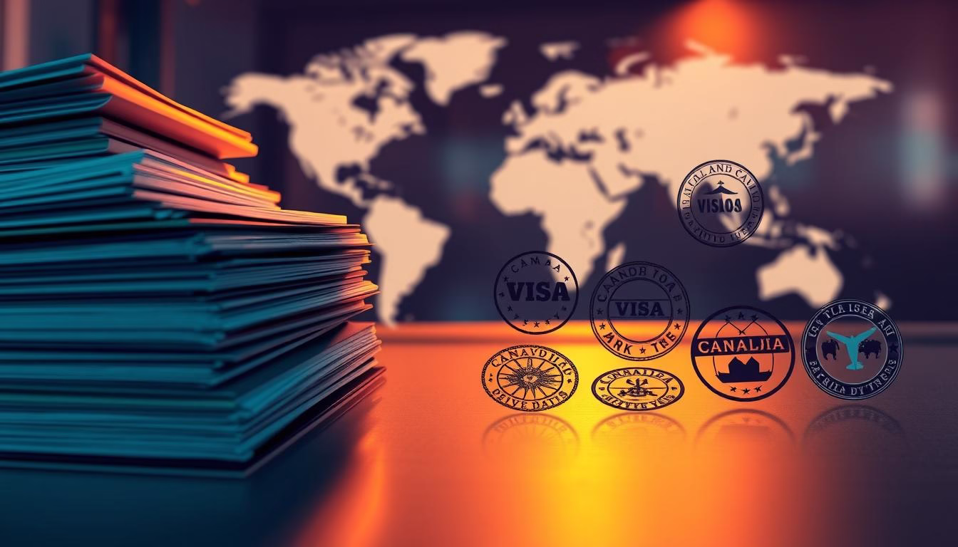 Canadian Transit Visa Types: A Detailed Illustration A high-resolution, photorealistic illustration showcasing the various types of Canadian transit visas. In the foreground, a stack of passports and official documents, illuminated by warm, directional lighting, casting subtle shadows. In the middle ground, a series of visa stamps and seals, each with distinct designs and patterns, neatly organized on a sleek, metallic surface. The background features a subtly blurred world map, hinting at the global connectivity and mobility facilitated by these transit visas. The overall scene conveys a sense of professionalism, attention to detail, and the importance of navigating the complexities of international travel.