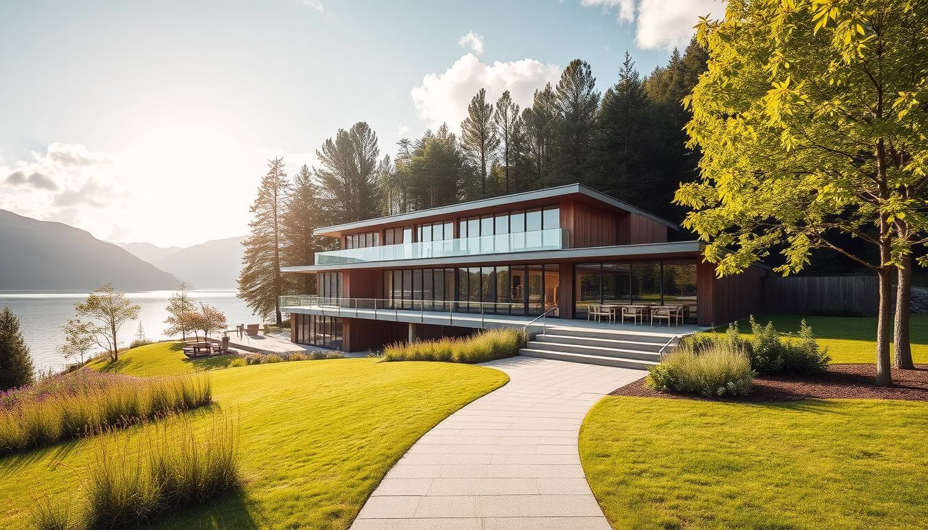 Generate an image of Lanserhof Tegernsee's serene surroundings and modern architecture.