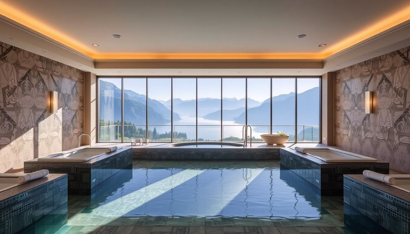 Generate an image of VIVAMAYR Altaussee's luxurious spa facilities overlooking Lake Altaussee.