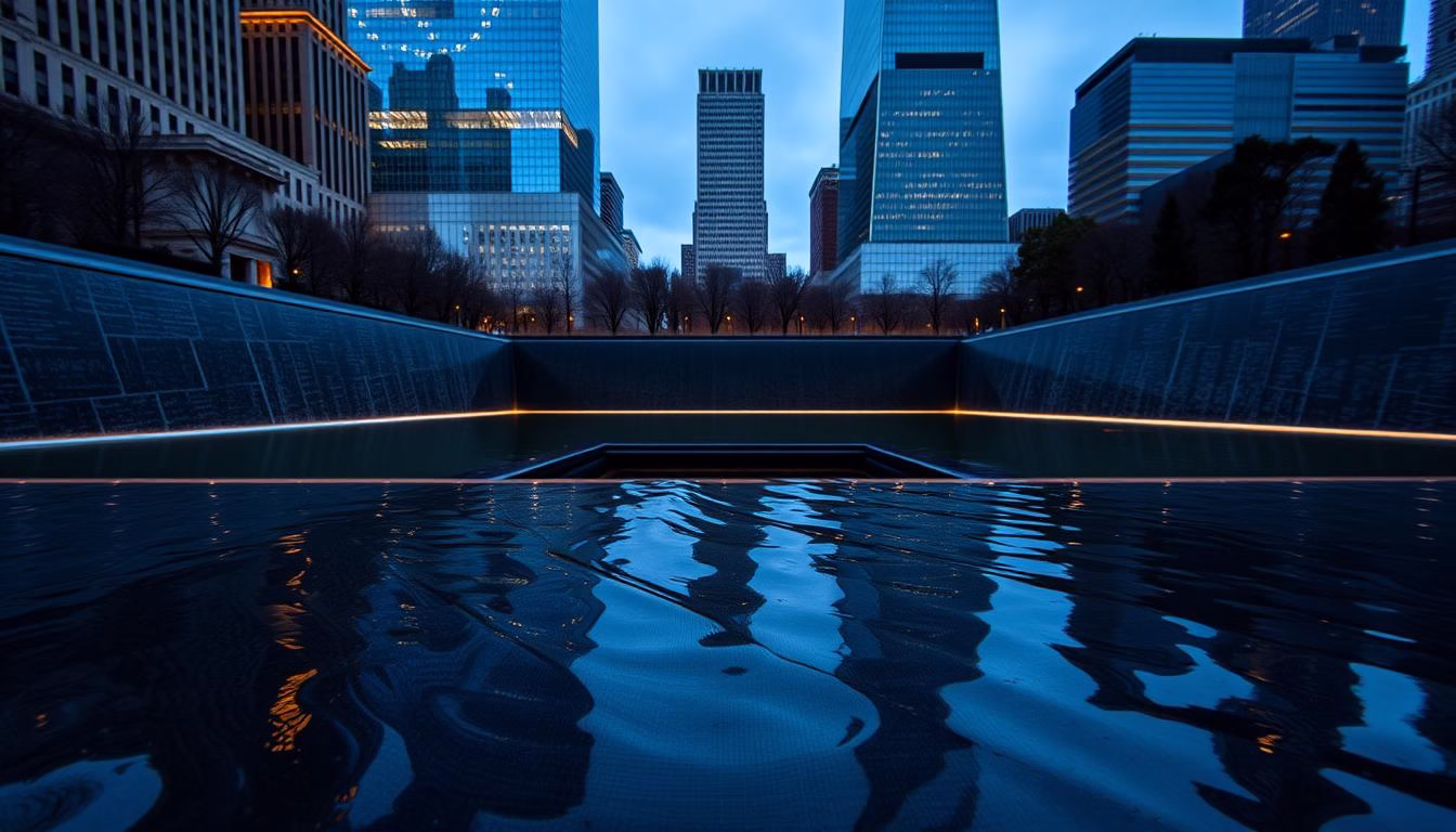 Generate an image of the 9/11 Memorial and Museum reflecting pools