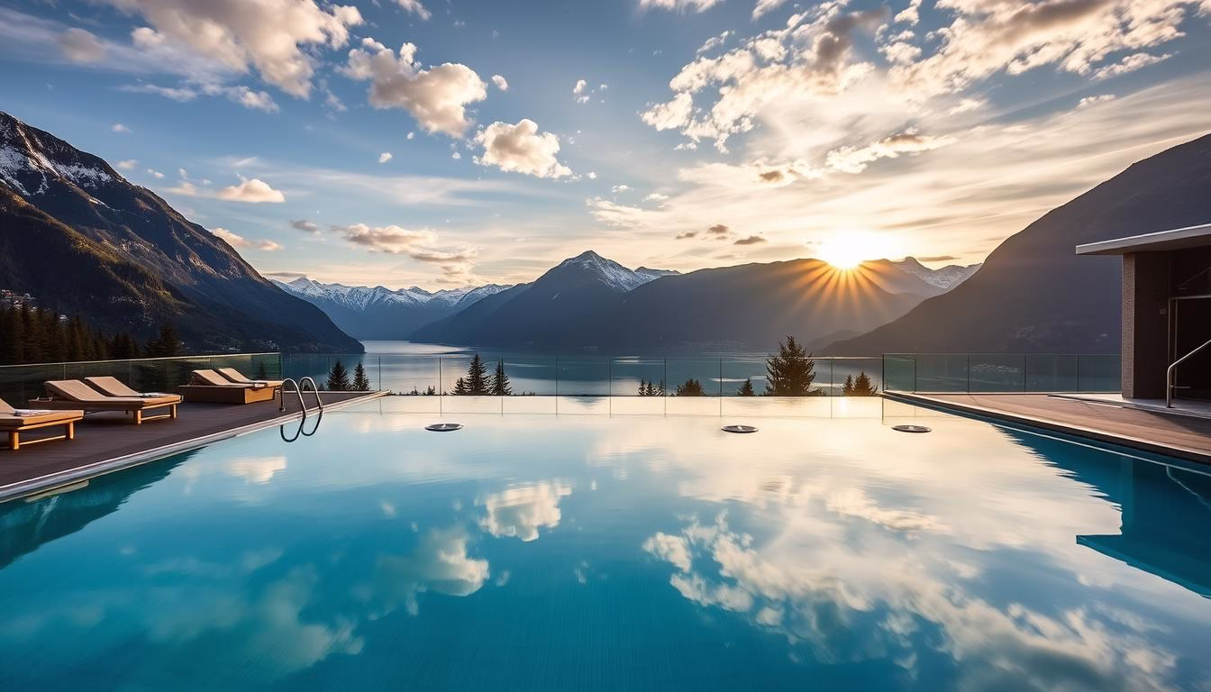 Generate an image of the Bürgenstock Resort's Alpine Spa with its dramatic infinity-edge outdoor pool overlooking Lake Lucerne.