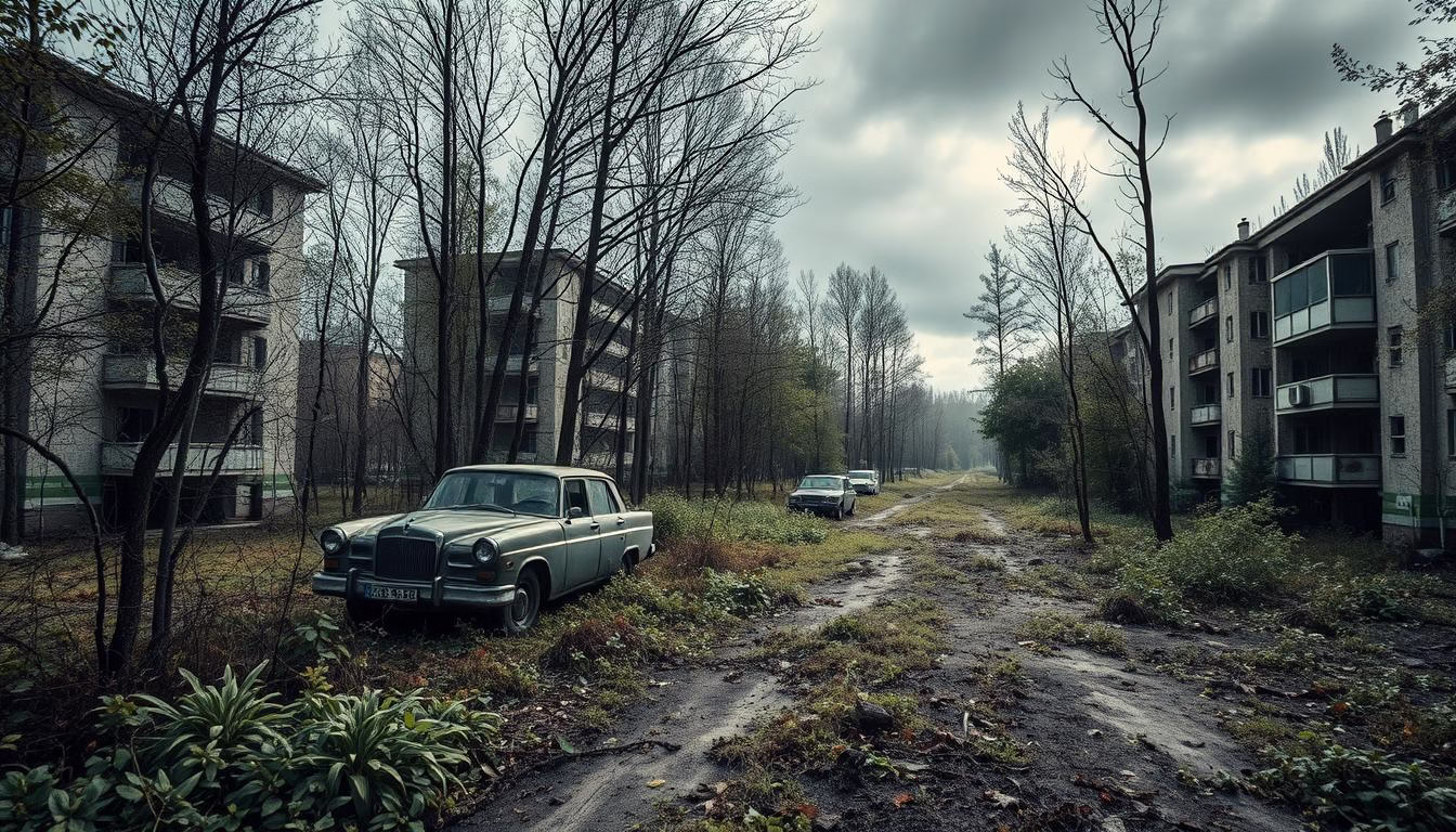 Generate an image of the abandoned Pripyat city near Chernobyl
