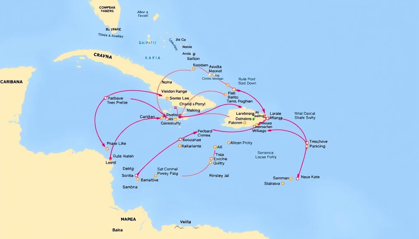 Image of a Caribbean cruise map highlighting different itineraries