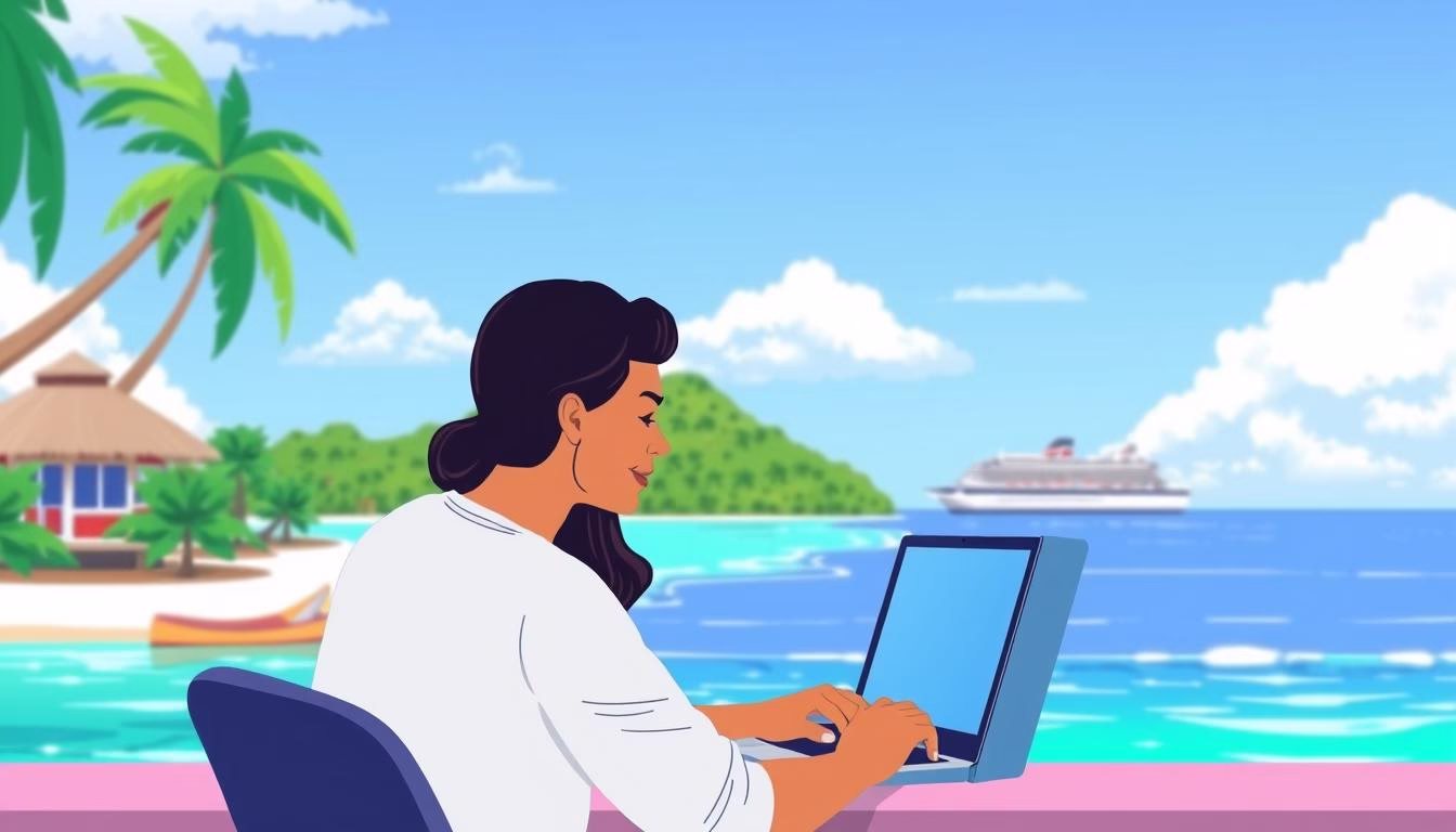 Image of a person booking a Caribbean cruise on a laptop with a Caribbean island in the background