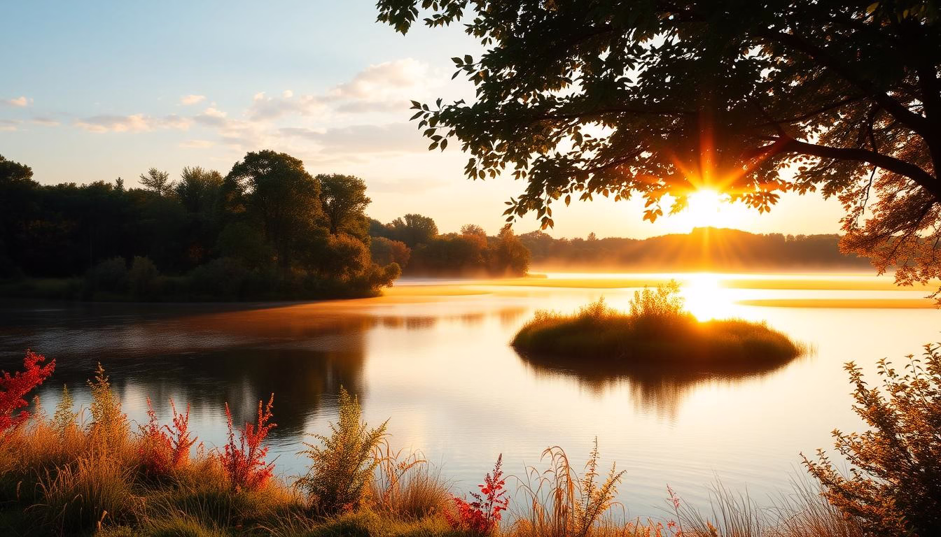 Image of a scenic Midwest landscape with a lake and surrounding trees