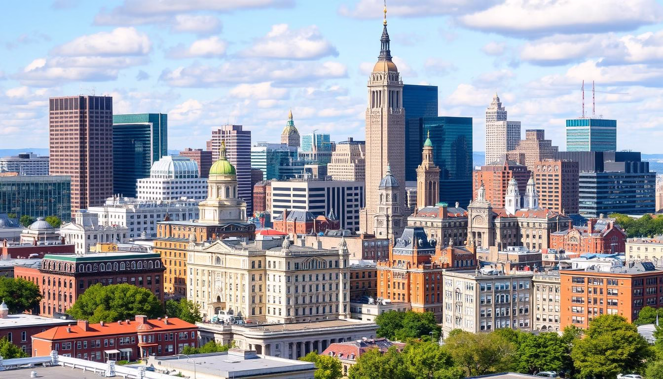 Image of a vibrant cityscape with a mix of old and new architecture, representing affordable city breaks in the US.