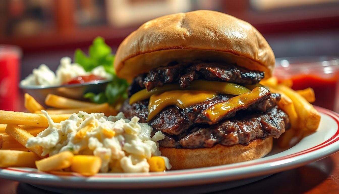 Mouthwatering American diner fare, captured in a vibrant, photorealistic style. A plate overflowing with juicy beef burger, crispy golden fries, and a side of creamy coleslaw, glistening under warm, soft lighting. The burger's bun is lightly toasted, the patty sizzling with caramelized edges. Condiments like ketchup, mustard, and pickles are arranged neatly alongside. The scene evokes a sense of classic comfort and nostalgia, perfect for an article on budget-friendly American cuisine.